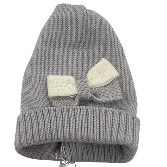 Catya Knit Hat White Bow 100% Merino Wool Soft Gray NWT 2-4 Years - Picture 1 of 4